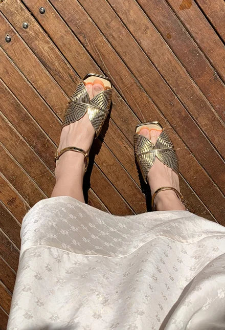 Summer Gold Open Toe Flats with Low Heel