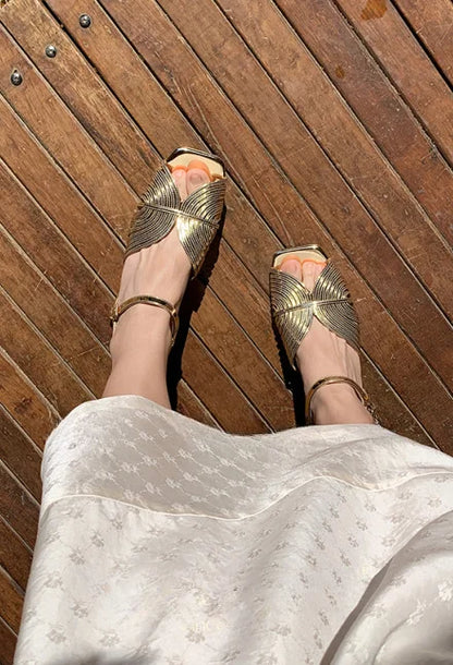 Summer Gold Open Toe Flats with Low Heel