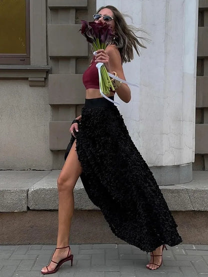 Back View of Slim Fit Loose Skirt with Embroidered Flowers
