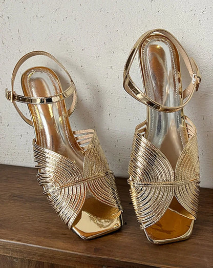 Summer Gold Open Toe Flats with Low Heel