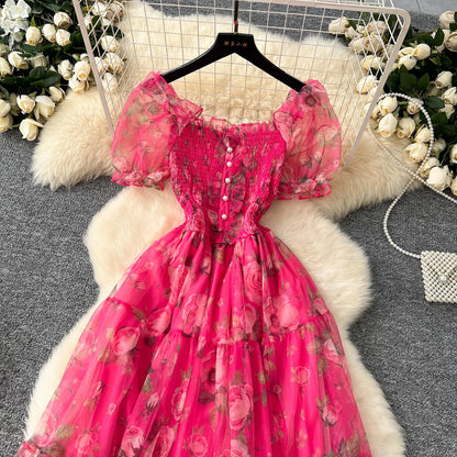 Elegant French Vintage Short Puff Sleeve Chiffon Dresses