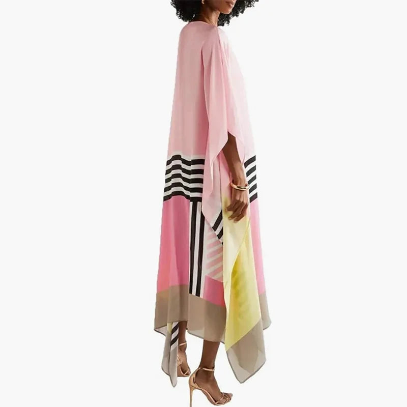 Fashionable candy stripe long dress in bright colors
