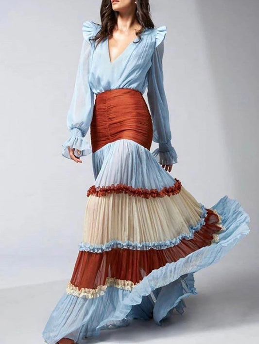 Stylish patchwork layer long dress for autumn
