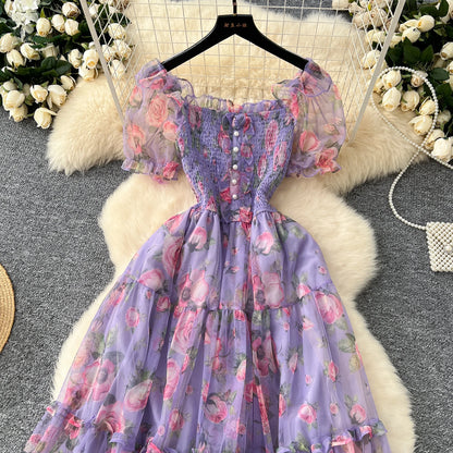 Elegant French Vintage Short Puff Sleeve Chiffon Dresses