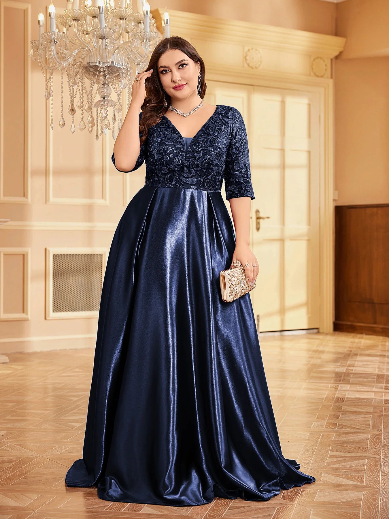 Stunning blue evening gown with flattering V-neckline