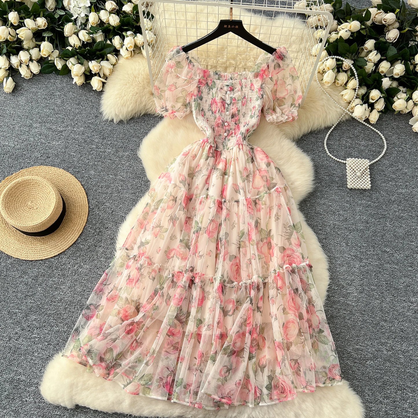 Elegant French Vintage Short Puff Sleeve Chiffon Dresses