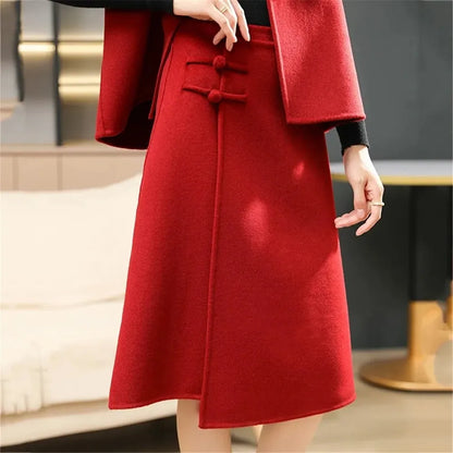 Full-length view of the skirt styled with a fitted sweater for a chic, cozy look
