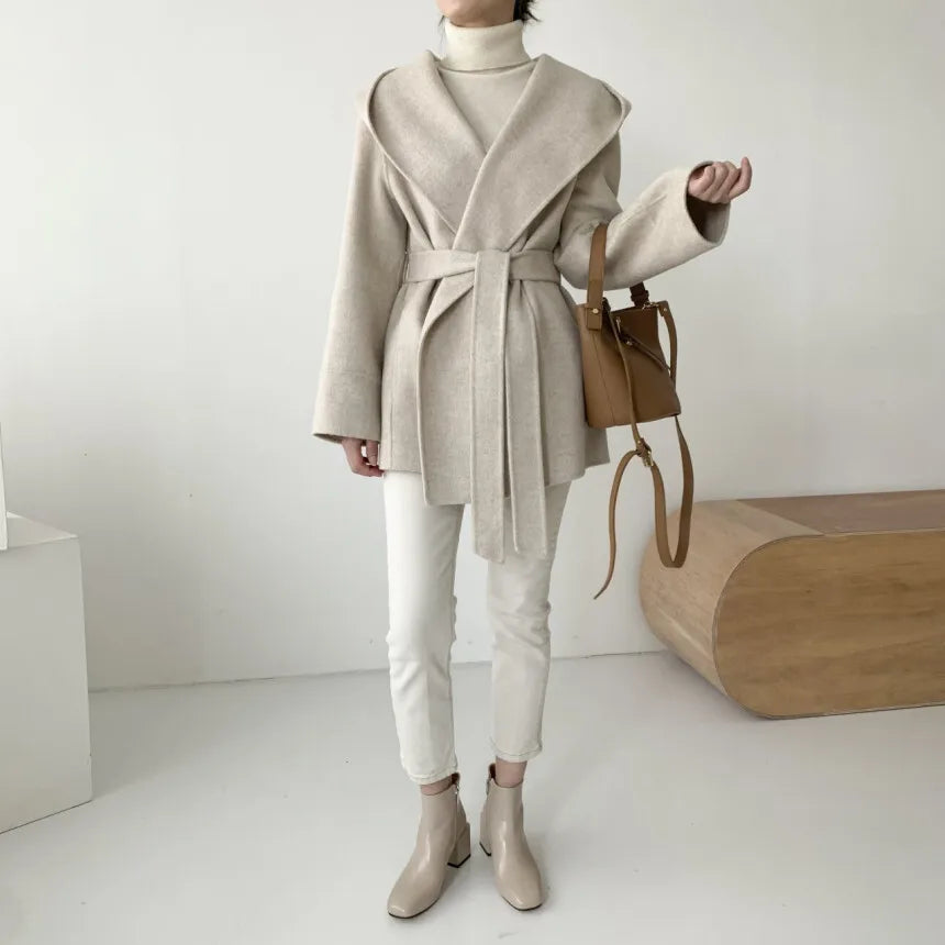 Korean Elegant Autumn Wool Jacket worn in an outdoor autumn setting.