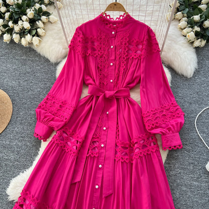 Elegant Hollow Out Hook Flower Lantern Sleeves Dresses