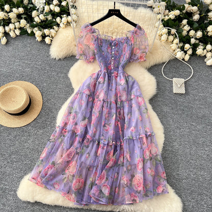 Elegant French Vintage Short Puff Sleeve Chiffon Dresses