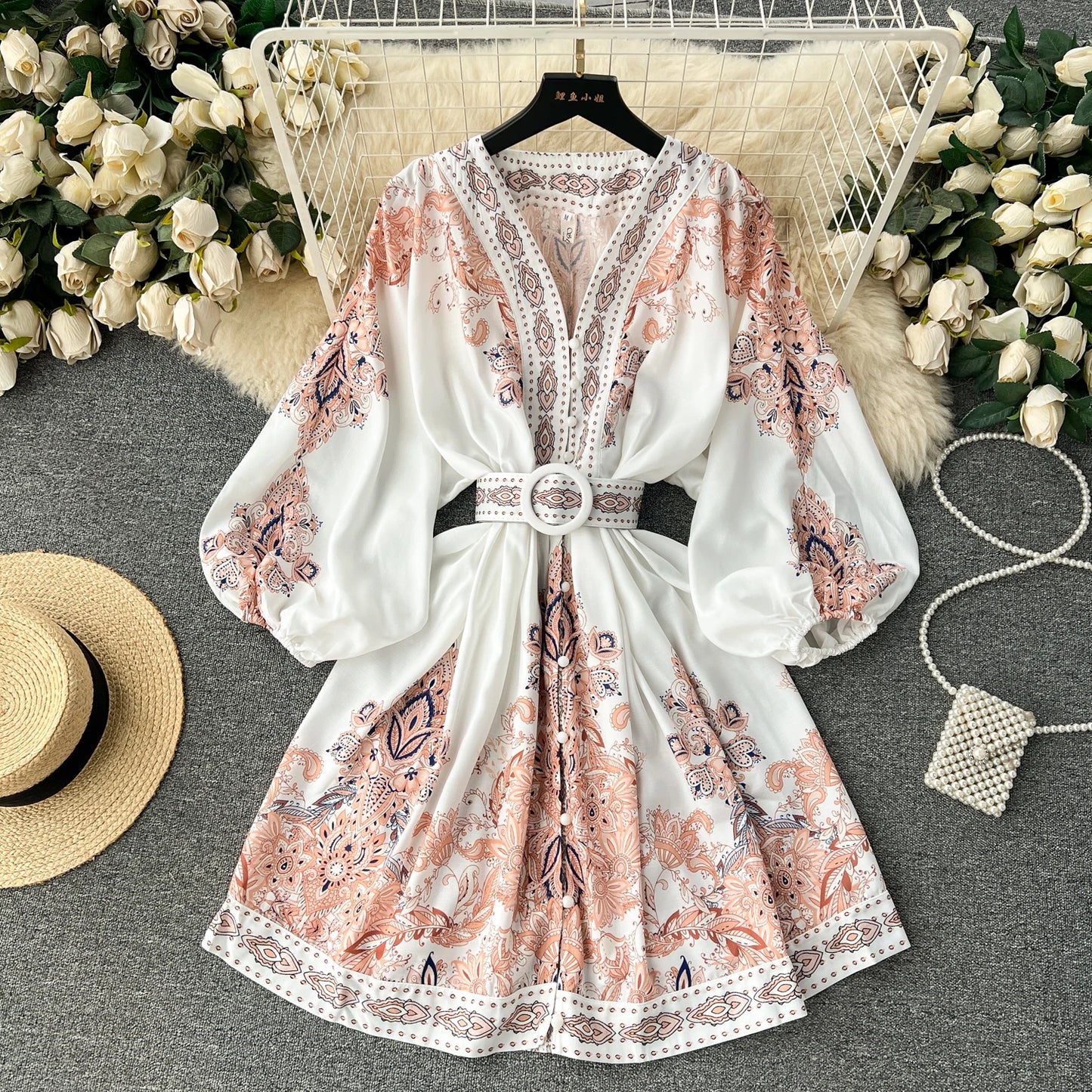 Vintage Print Elegant Lantern Long Sleeve Dress