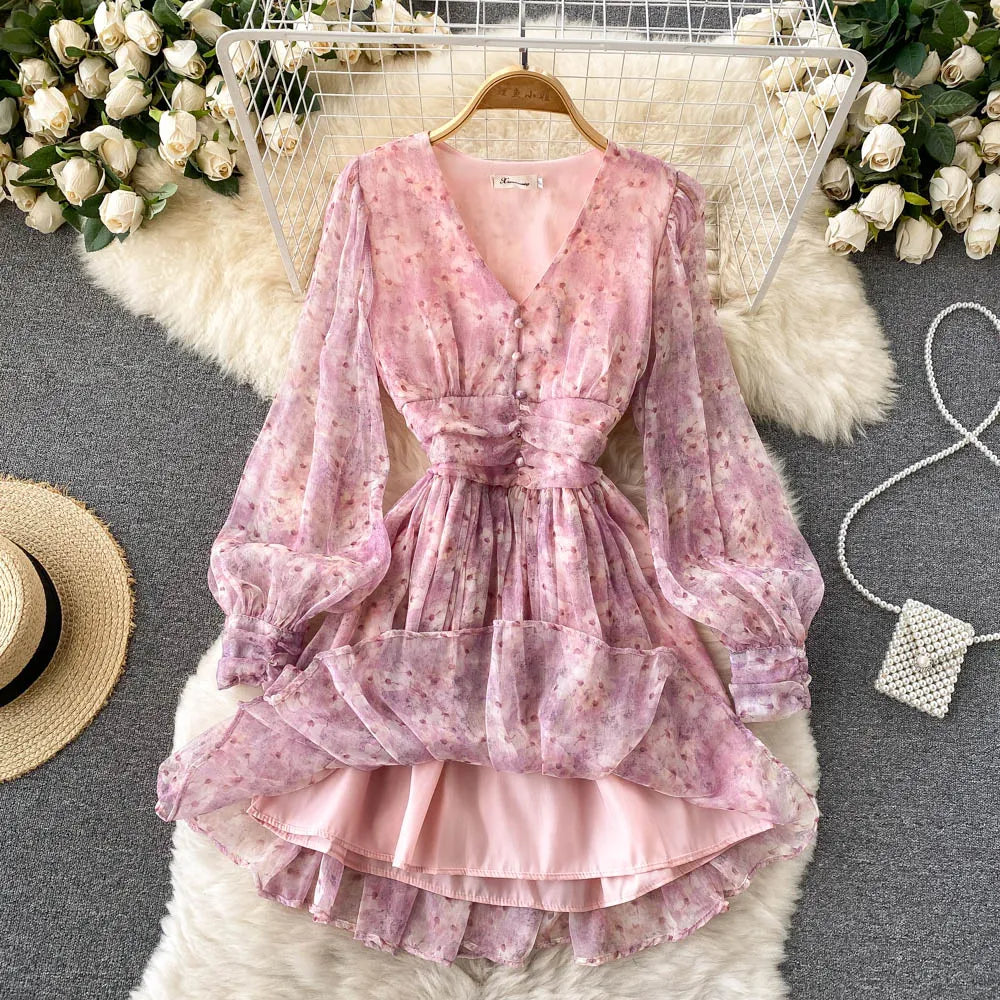 Vintage Floral Print Pleated Chiffon Puff Sleeve Dress