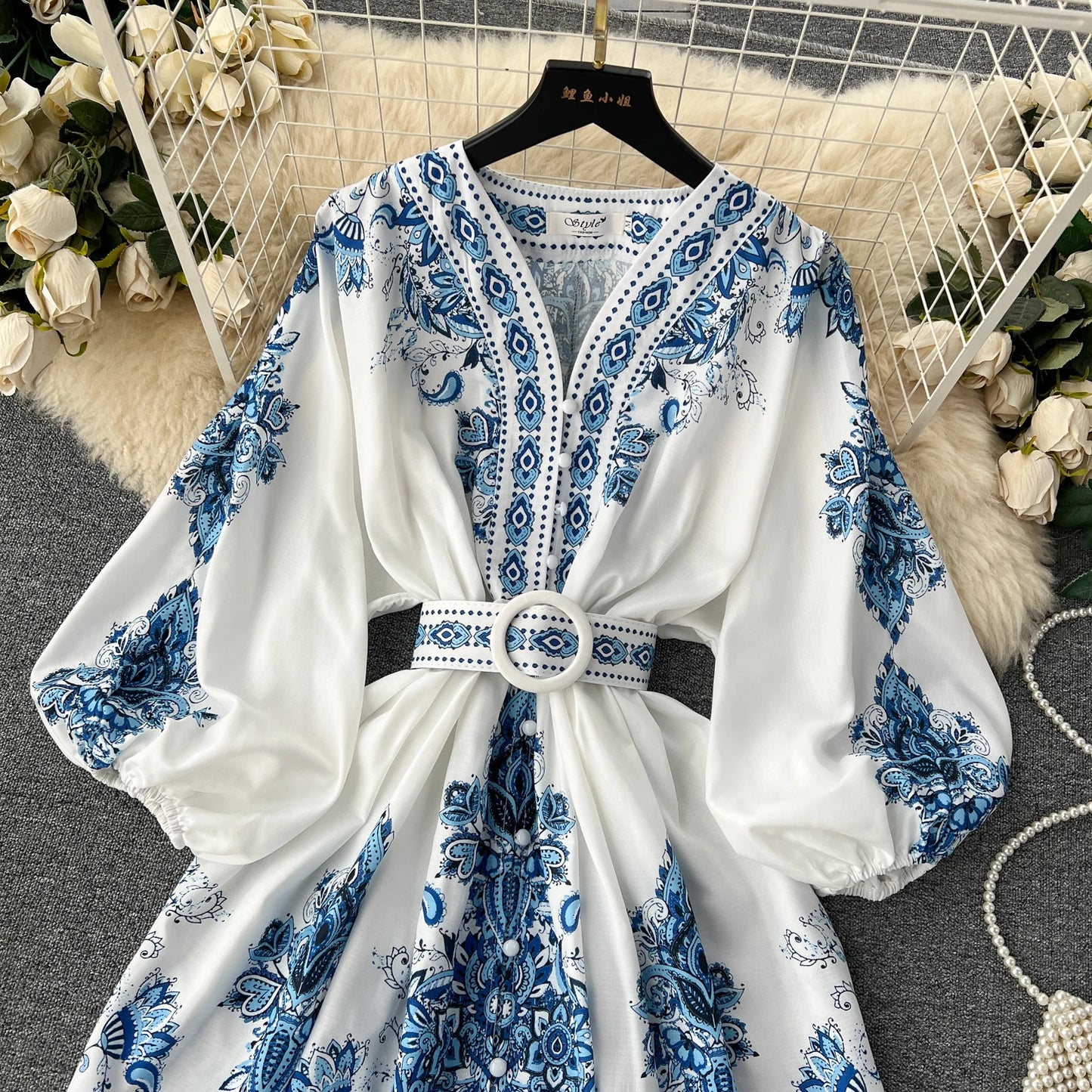 Vintage Print Elegant Lantern Long Sleeve Dress