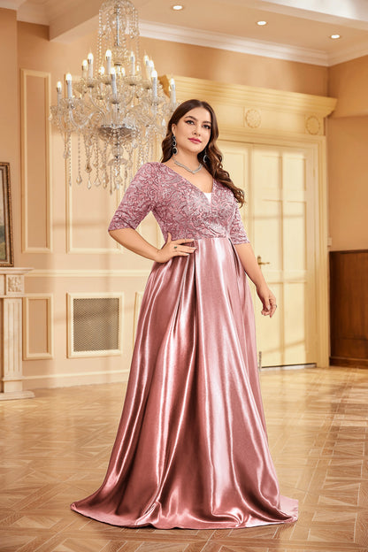 Timeless V-neck design in luxury gold satin dress