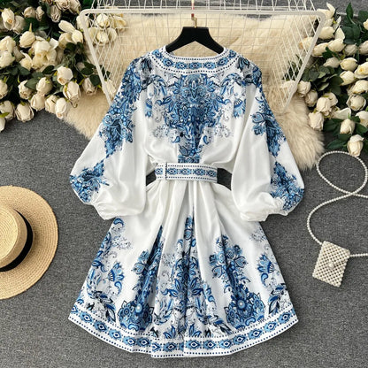 Vintage Print Elegant Lantern Long Sleeve Dress