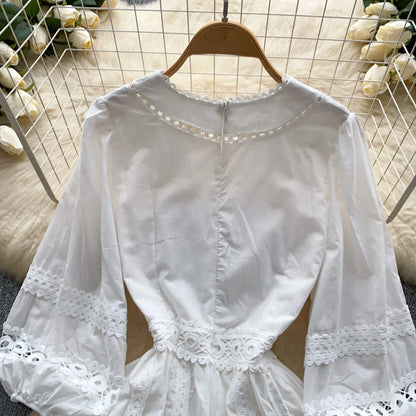 Vintage Lace Elegant V-Neck Lace Lantern Sleeve Dress