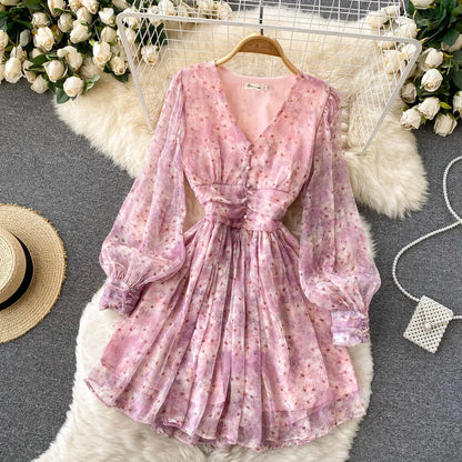 Vintage Floral Print Pleated Chiffon Puff Sleeve Dress