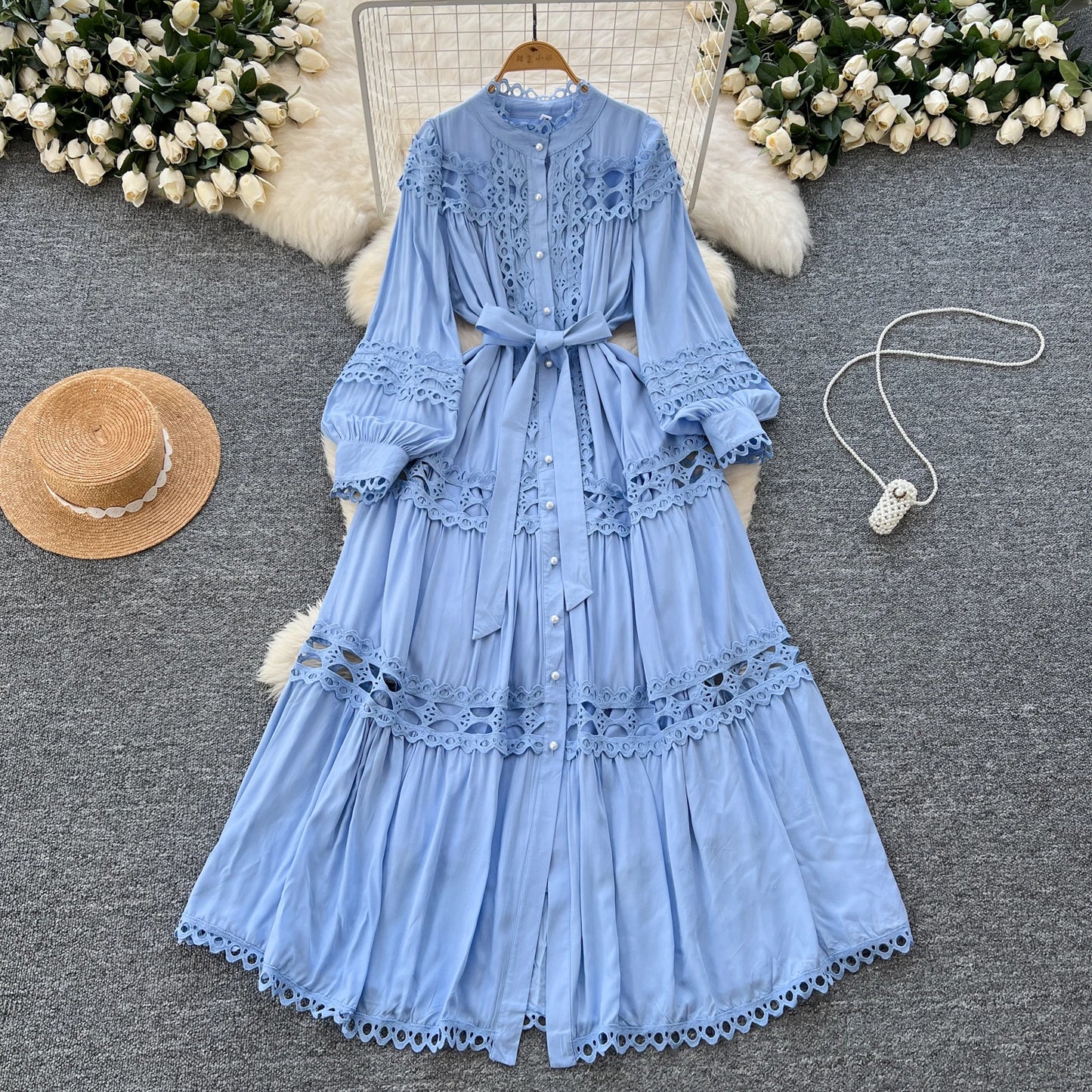 Elegant Hollow Out Hook Flower Lantern Sleeves Dresses