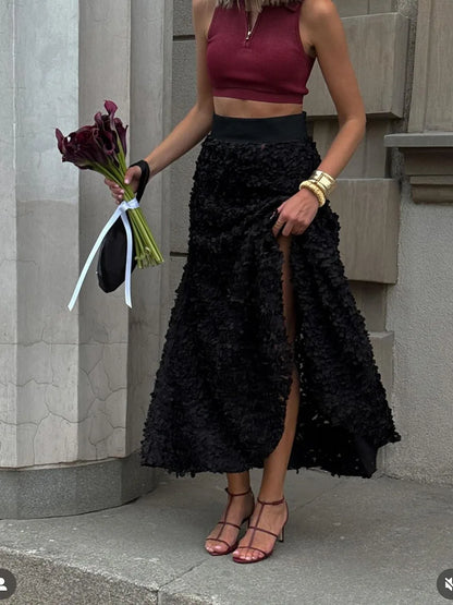 Detailed View of Embroidered Floral Design on Slim Skirt
