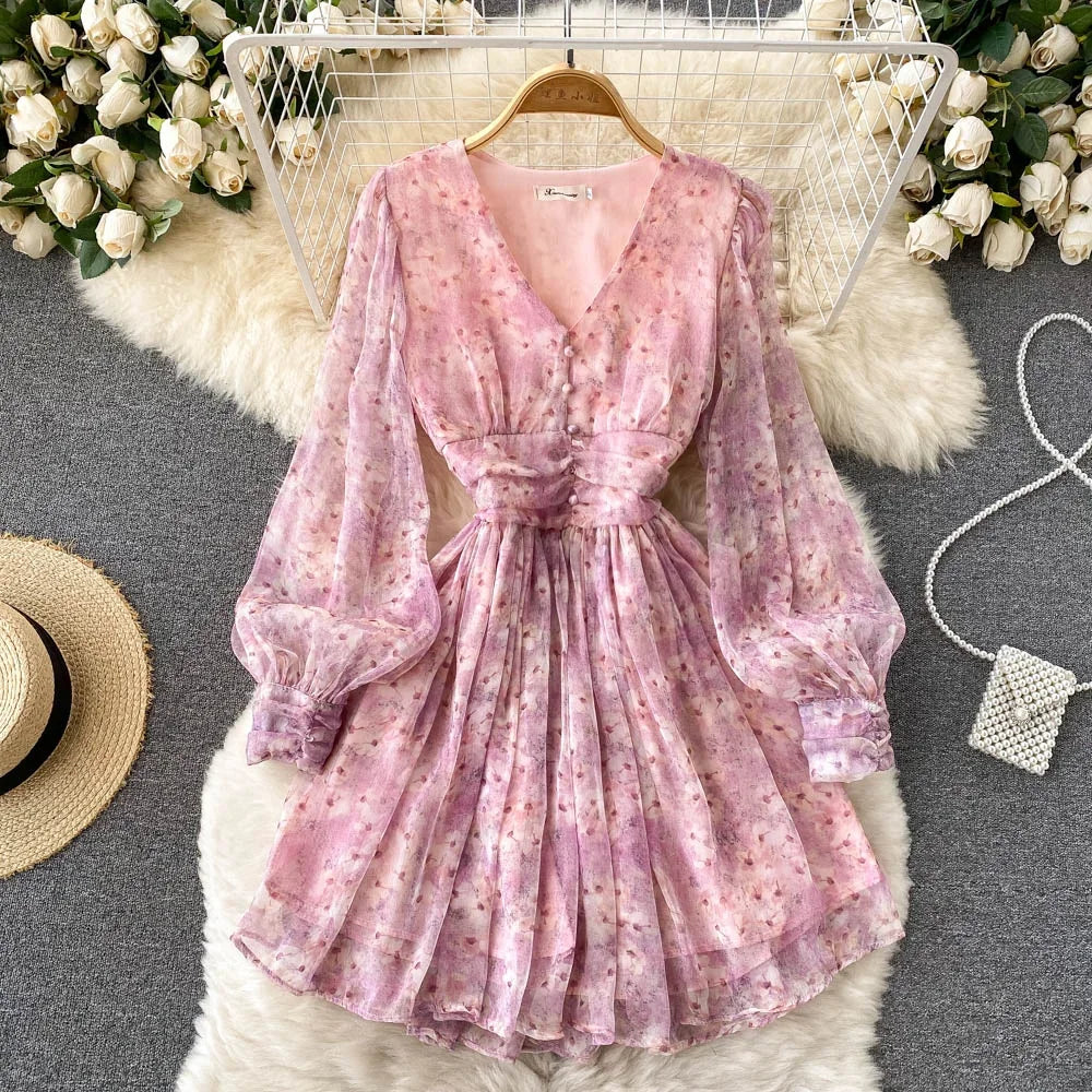 Vintage Floral Print Pleated Chiffon Puff Sleeve Dress