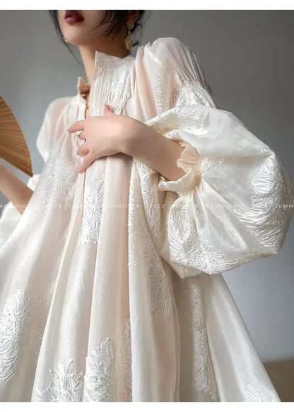 French Elegant Lantern Sleeve Embroidery Midi Dress