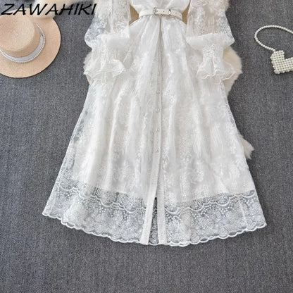 Pleated Lace Vintage White Dress with Ruffles