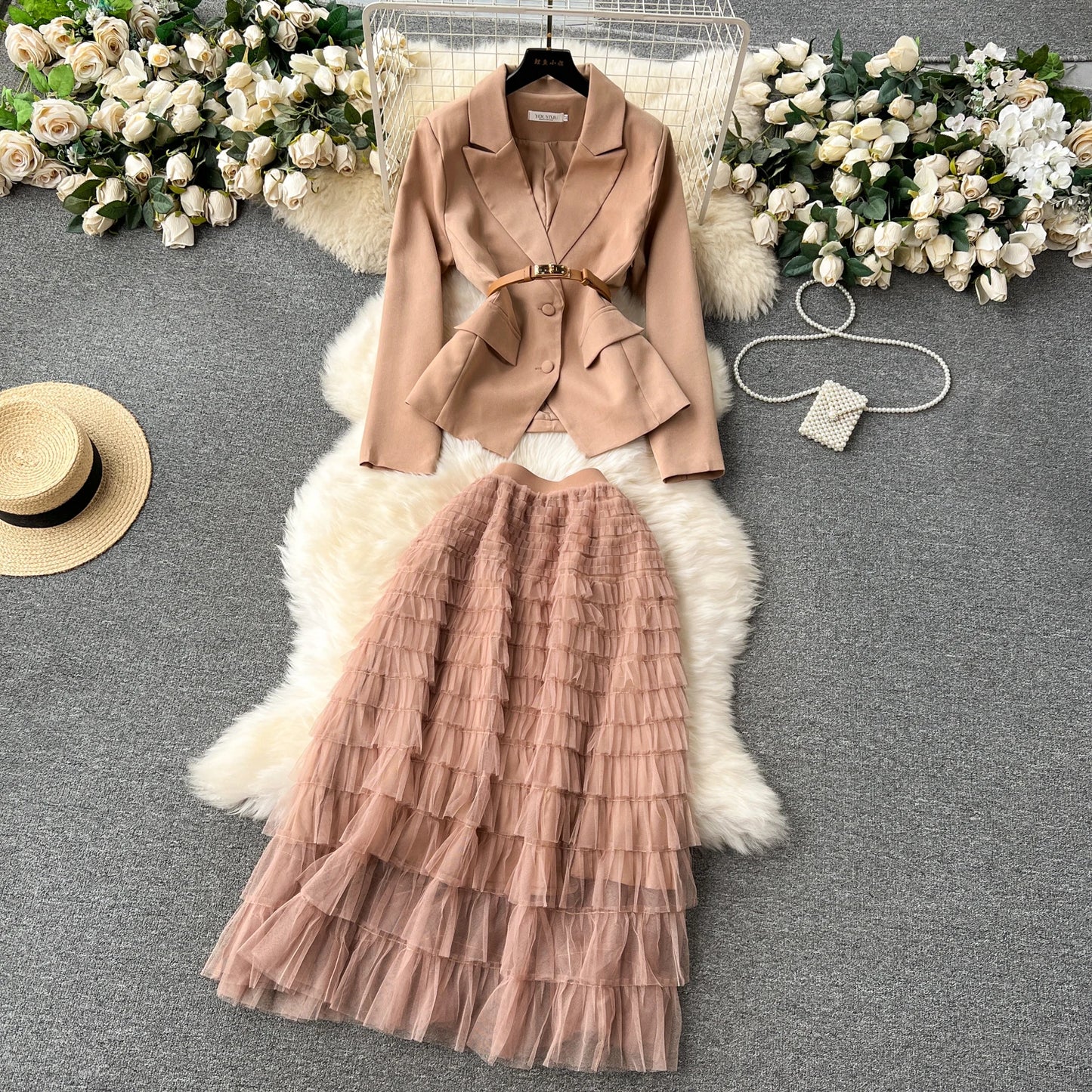 Vintage Blazer & Layered Skirt Two Piece Suit