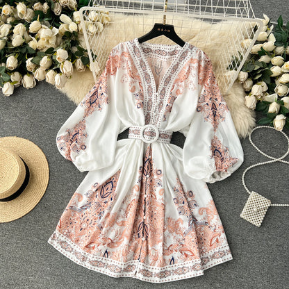 Vintage Print Elegant Lantern Long Sleeve Dress