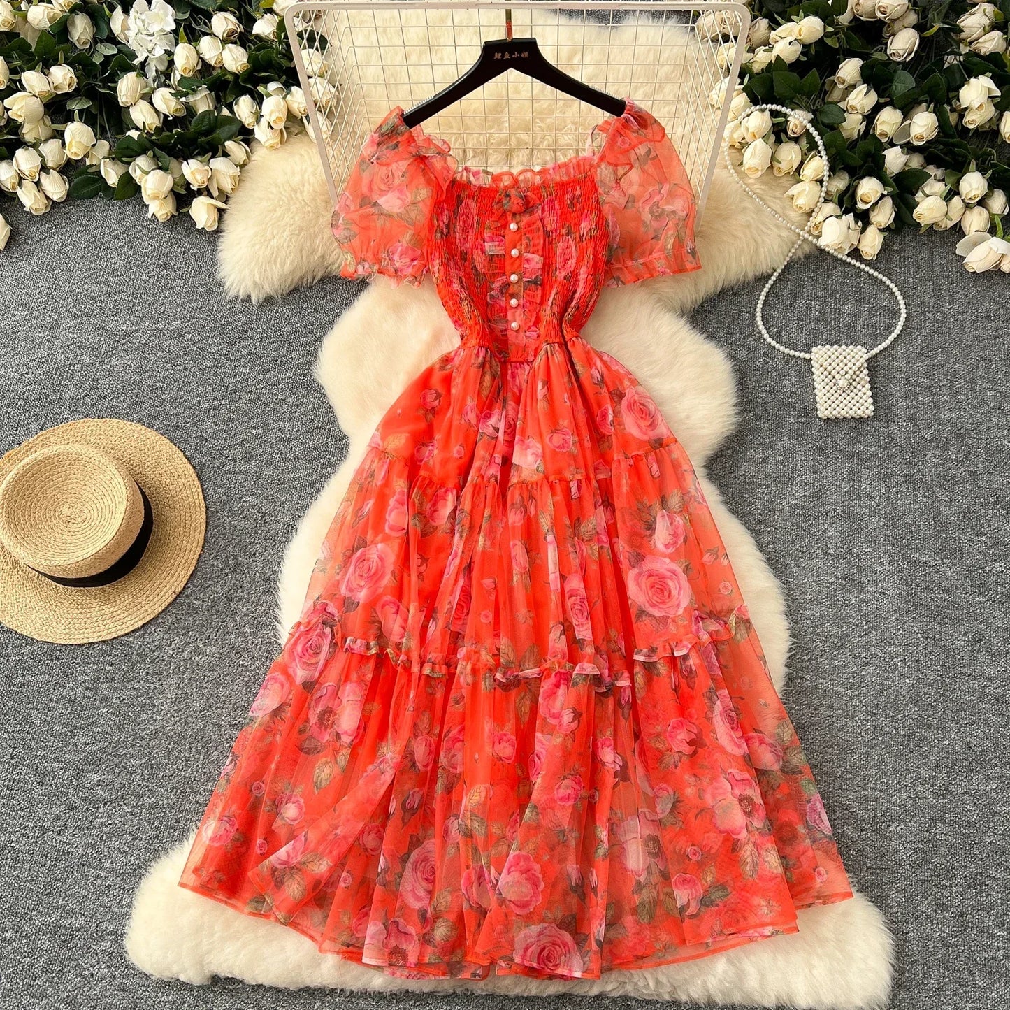 Elegant French Vintage Short Puff Sleeve Chiffon Dresses