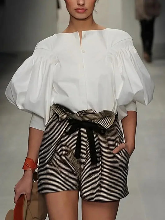 Puff Sleeves Blouses Summer Buttoned Casual Tops