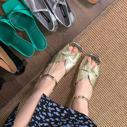 Summer Gold Open Toe Flats with Low Heel