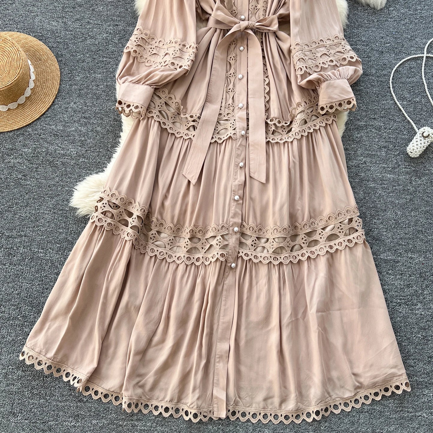 Elegant Hollow Out Hook Flower Lantern Sleeves Dresses