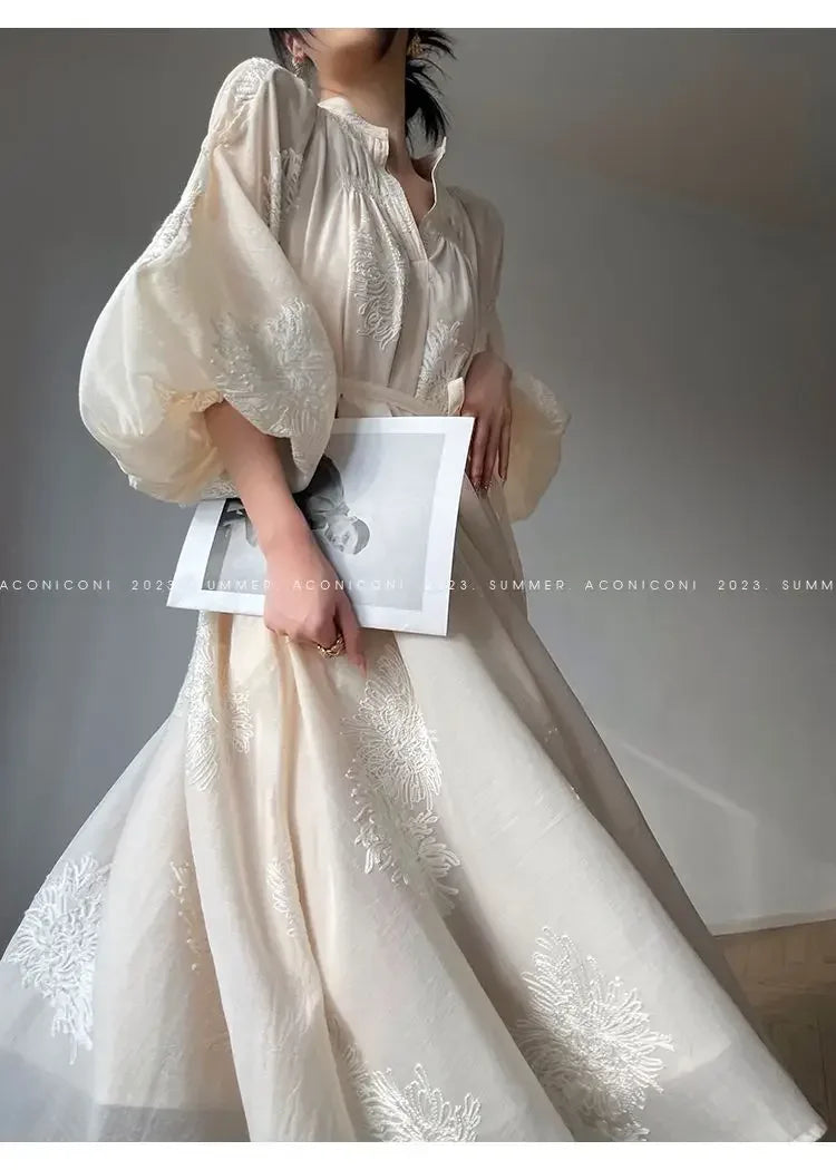 French Elegant Lantern Sleeve Embroidery Midi Dress
