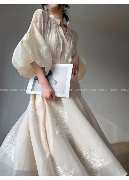 French Elegant Lantern Sleeve Embroidery Midi Dress