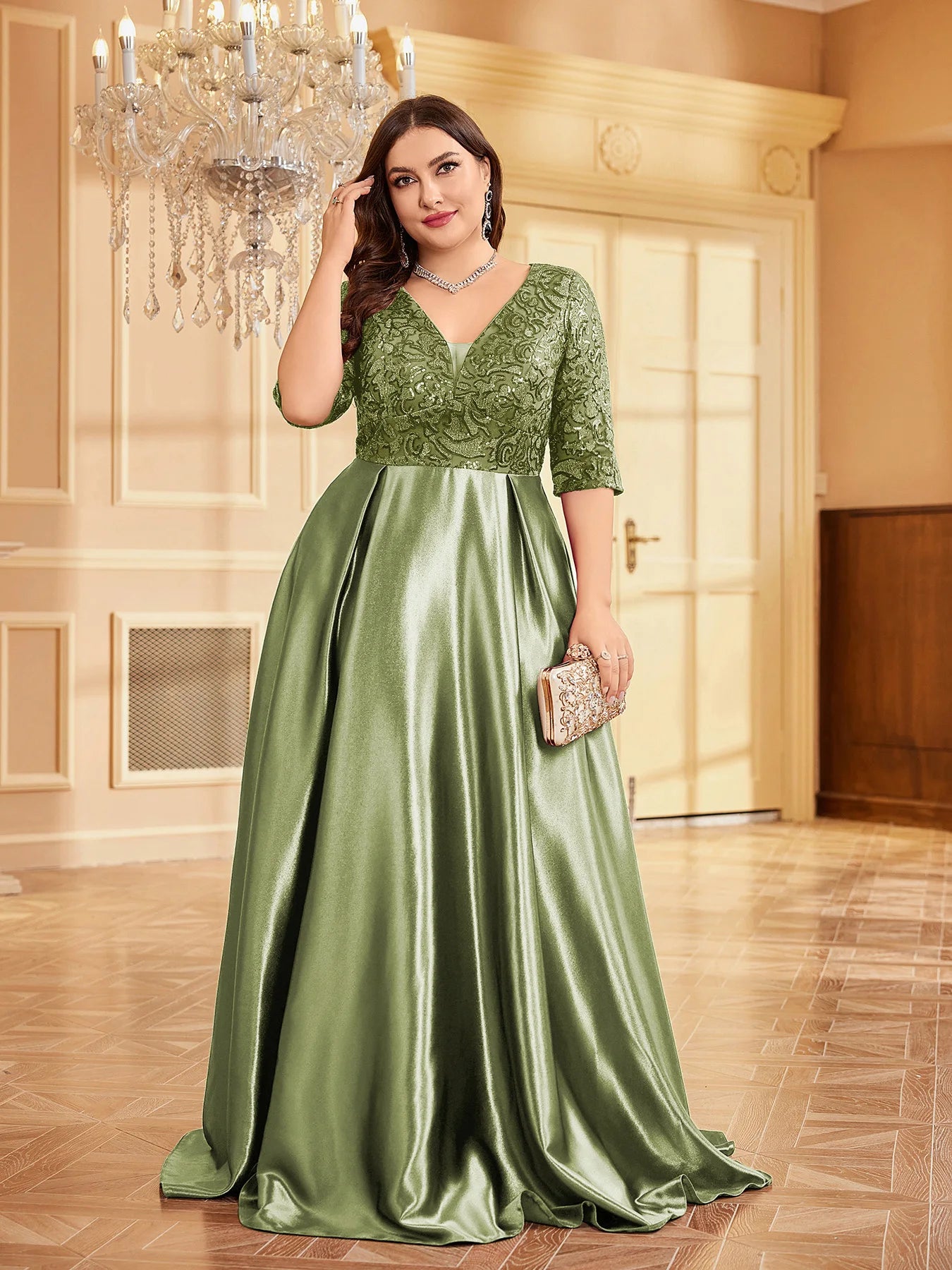 Luxury Green satin V-neck evening dress close-up