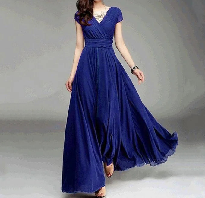 Full body shot of a model in the Short-Sleeved Chiffon Evening Dress.
