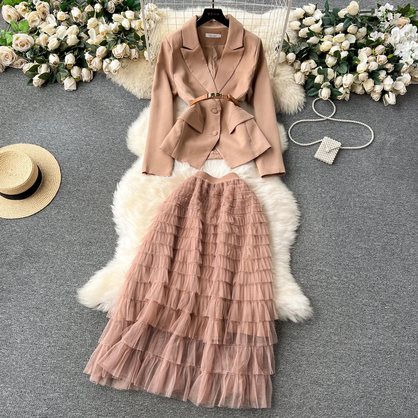 Vintage Blazer & Layered Skirt Two Piece Suit