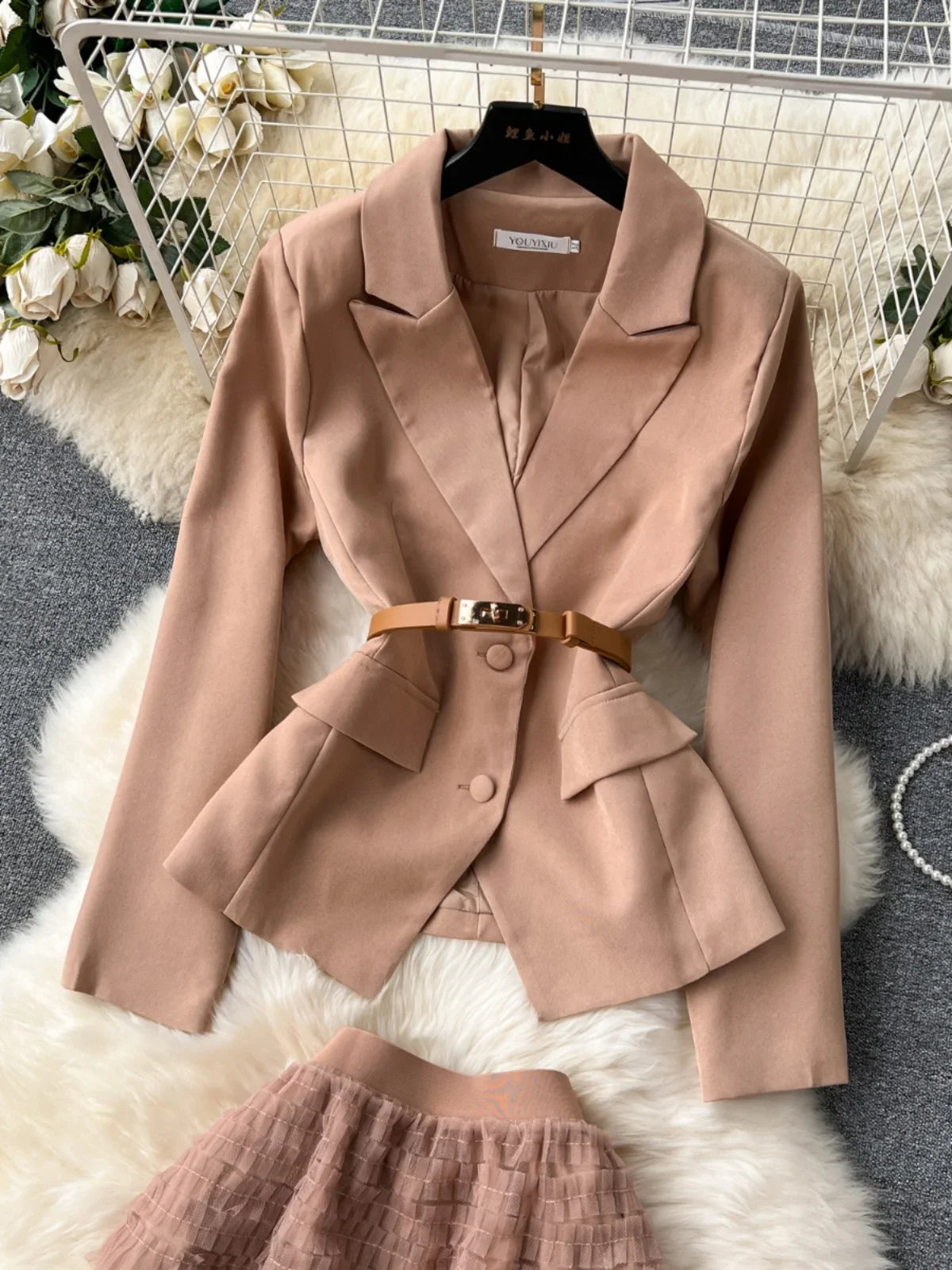 Vintage Blazer & Layered Skirt Two Piece Suit