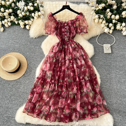 Elegant French Vintage Short Puff Sleeve Chiffon Dresses