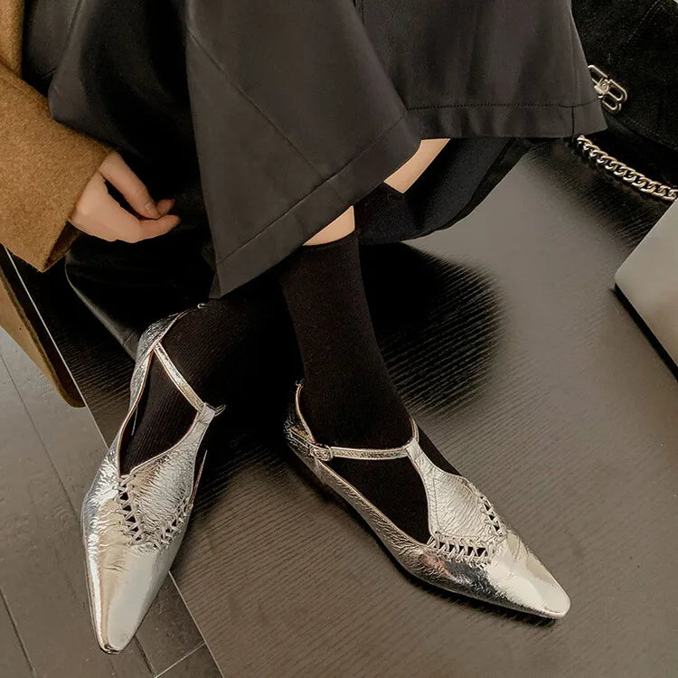 Genuine Sheepskin Gold Buckle T-strap Shoes