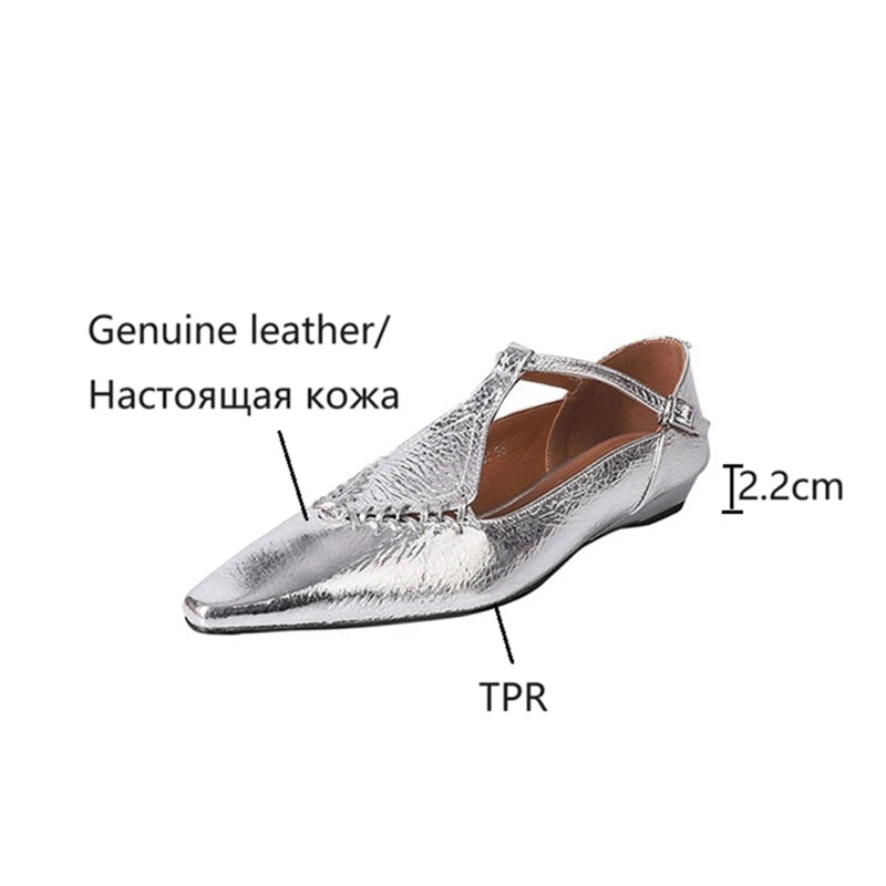 Genuine Sheepskin Gold Buckle T-strap Shoes