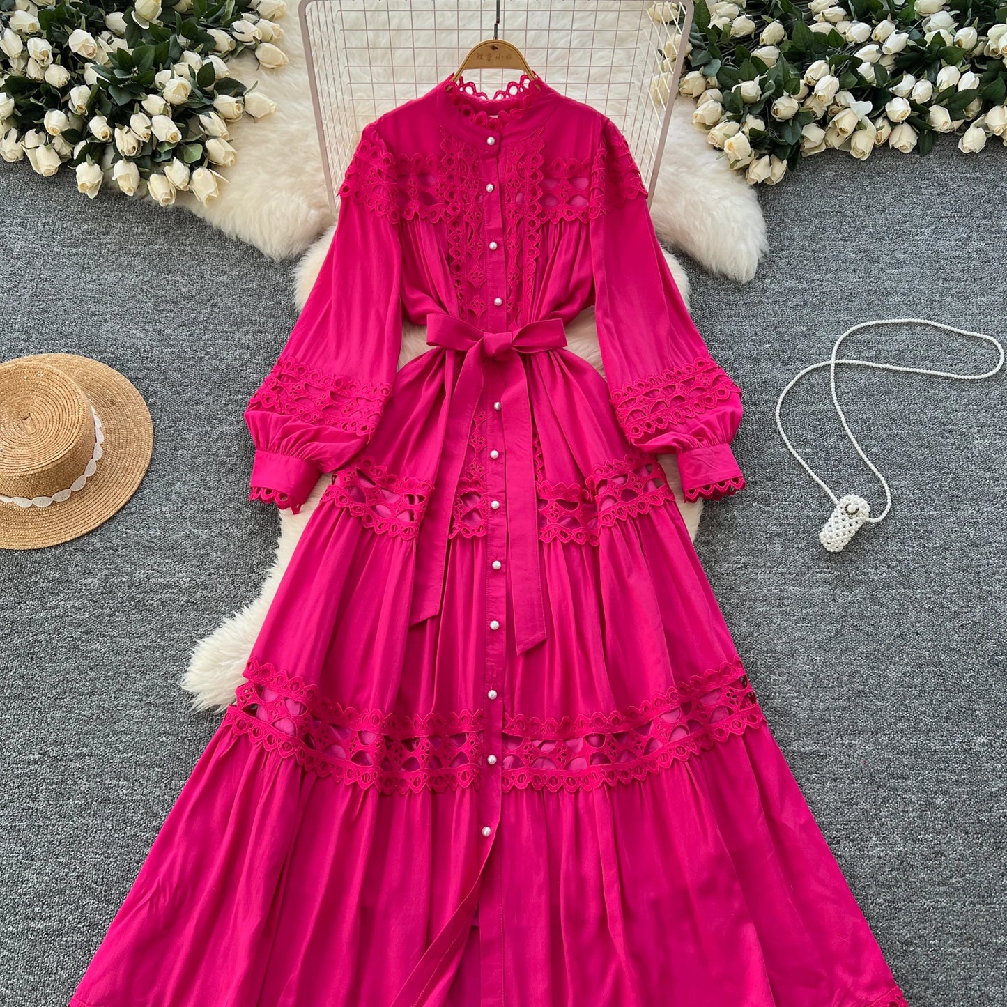 Elegant Hollow Out Hook Flower Lantern Sleeves Dresses