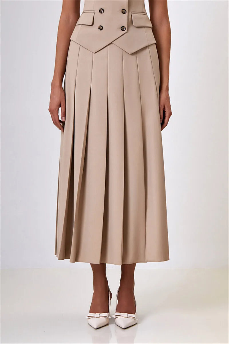 Casual outfit featuring the Absobe Elegant Blazer Pleated Long Skirt with sneakers