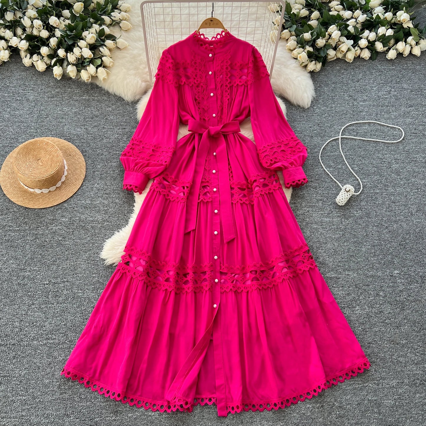 Elegant Hollow Out Hook Flower Lantern Sleeves Dresses