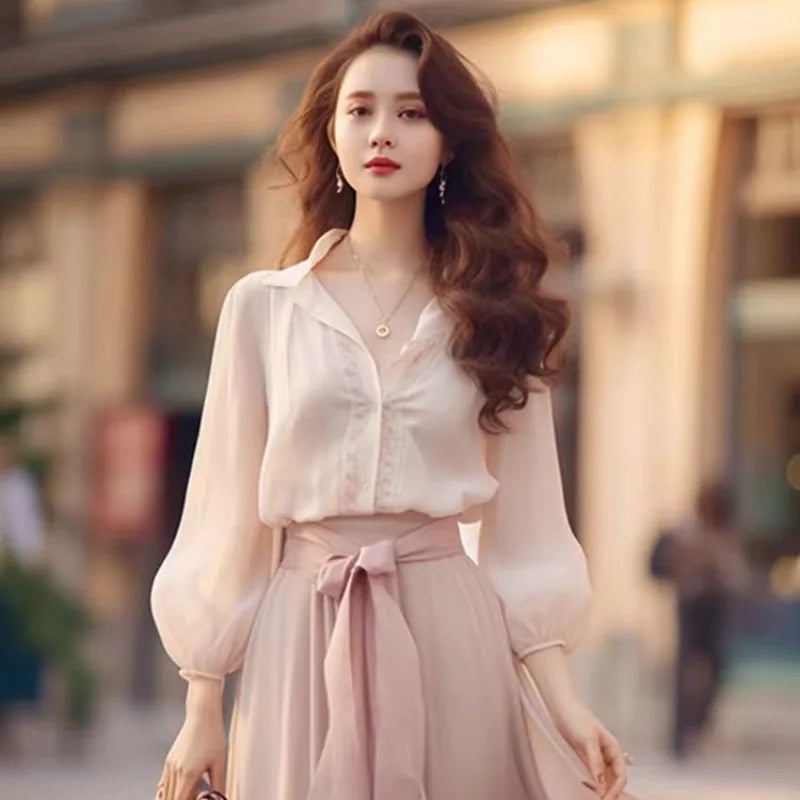 Model posing outdoors in the French Skirt Two-Piece Set Spring