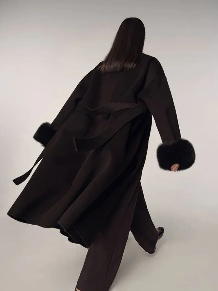 Back view of Faux Fox Fur Winter Jacket showing full-length design.