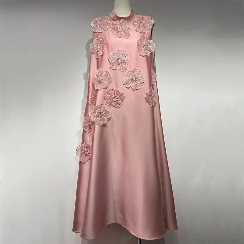 3D Floral Embroidered Flared Sleeveless Designer Dress