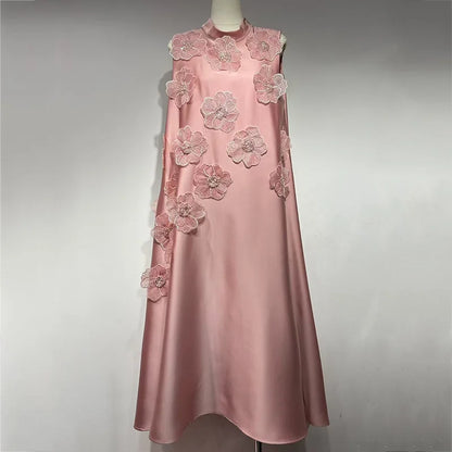 3D Floral Embroidered Flared Sleeveless Designer Dress