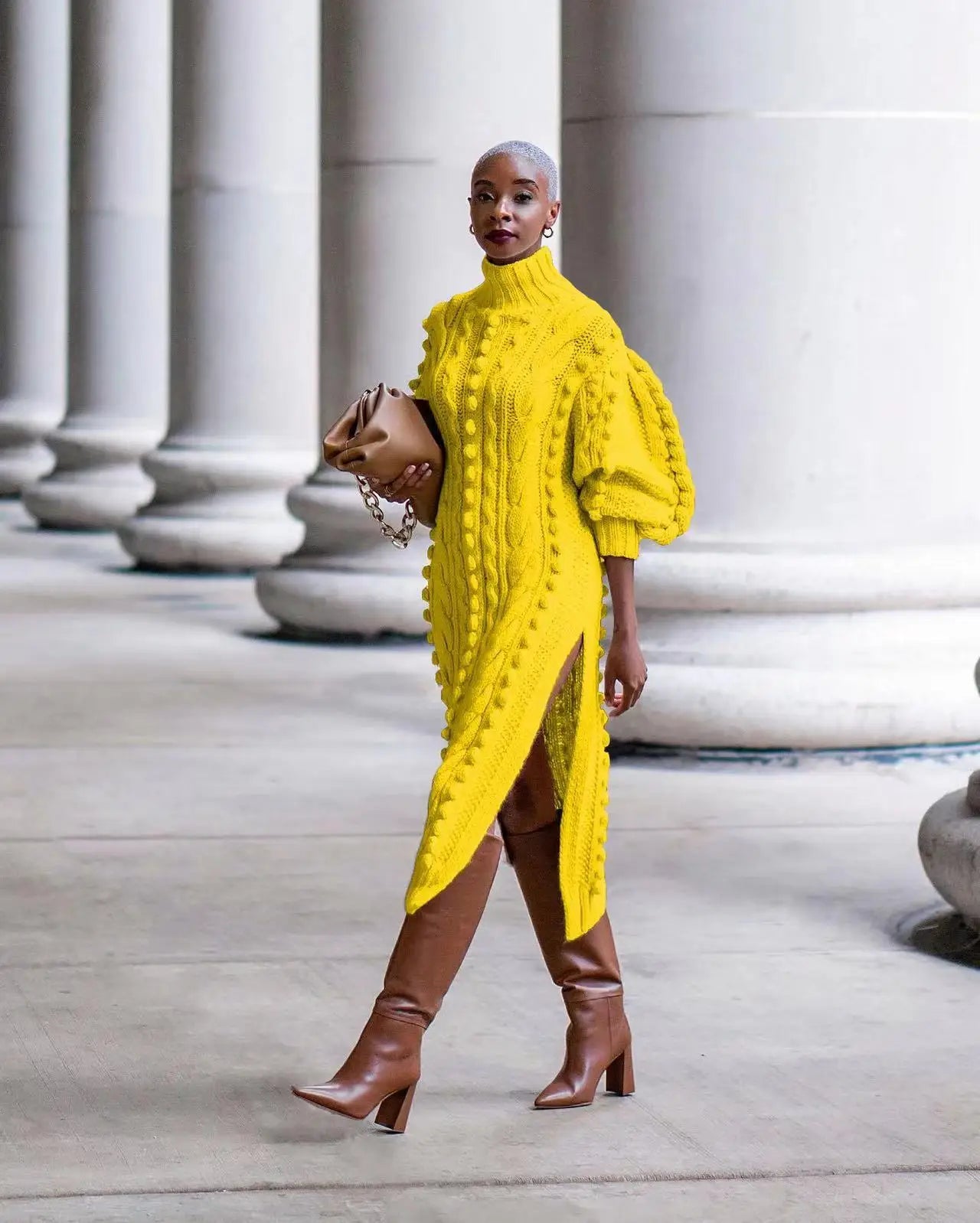 Model wearing Long Sleeve Turtleneck Knitted Dress
