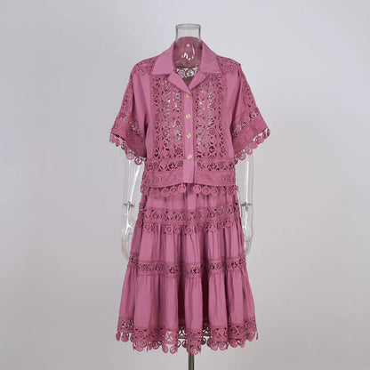 Chic Cotton Hollow Out 2-Piece Top and Skirt